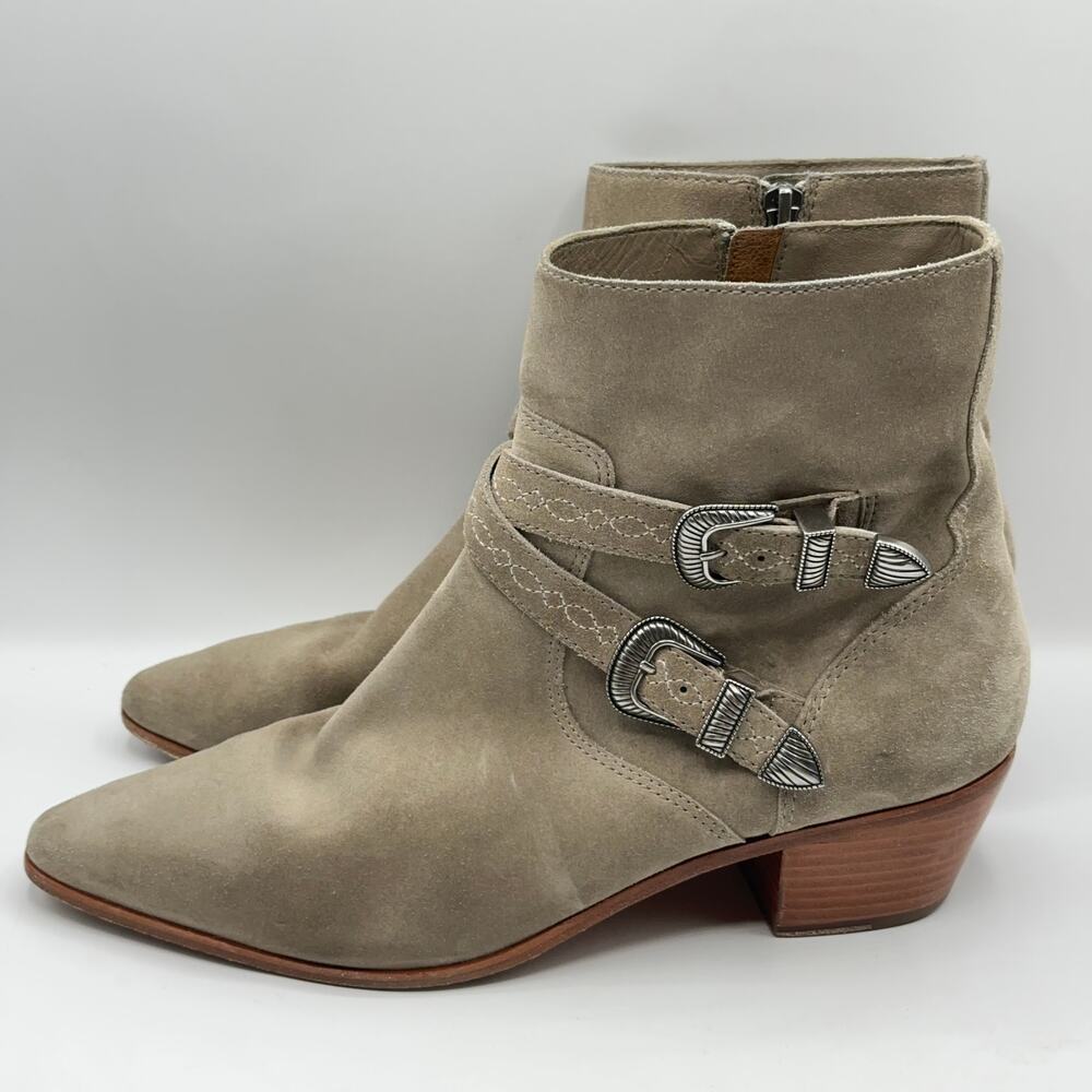 FRYE x ANTHROPOLOGIE Ellen Western Buckle Short Bootie Suede Ash Tan - Picture 6 of 9